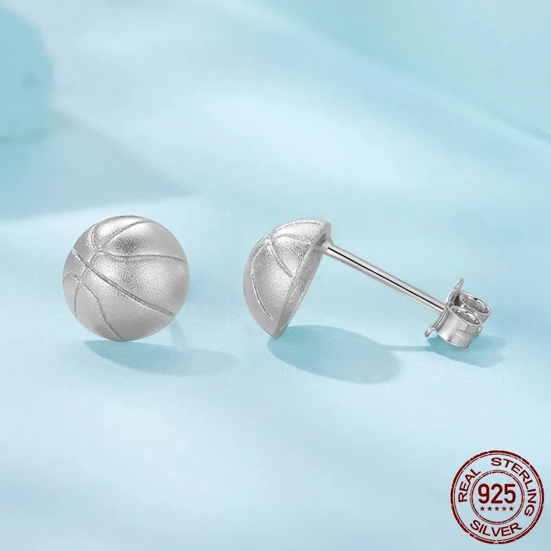 S925 Sterling Silver Basketball Stud Earrings for Women Electroplated Silver Stud Earrings in Colour SCE1906 Pair of Sports Themed Earrings