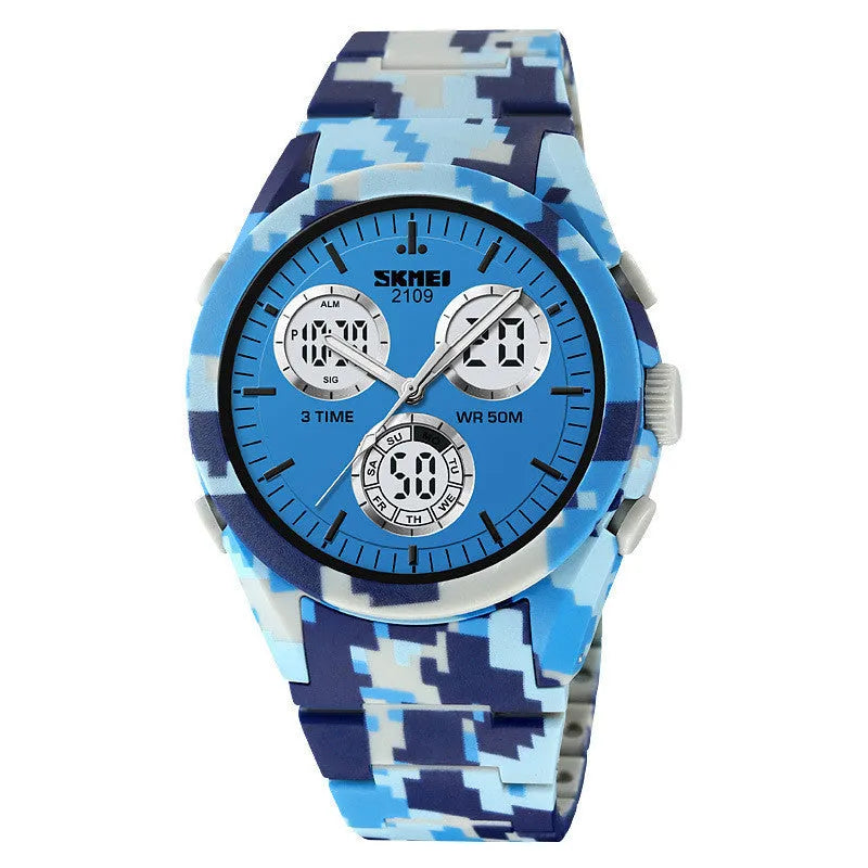 Digital casual watch with a black camouflage TPU strap and resin lens showing time on display.