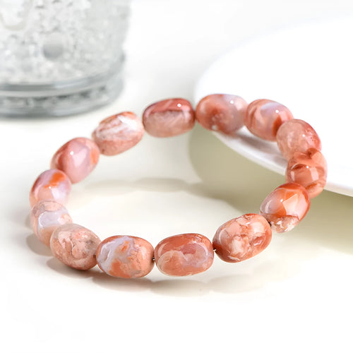 Natural cherry agate barrel bead bracelet with Ruyi pattern geometric design