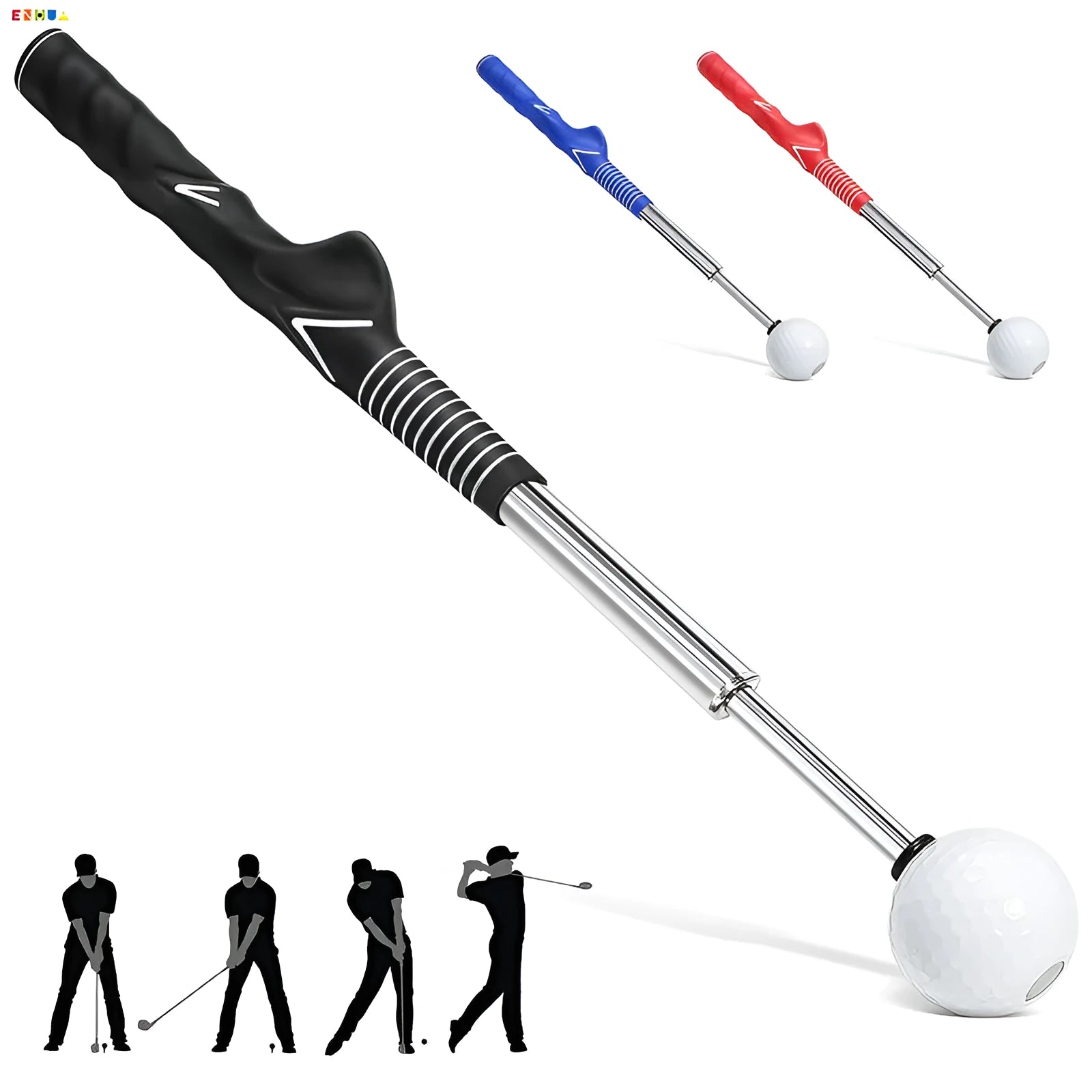 Telescopic golf swing trainer with stainless steel pole and practice net in black, blue, or red