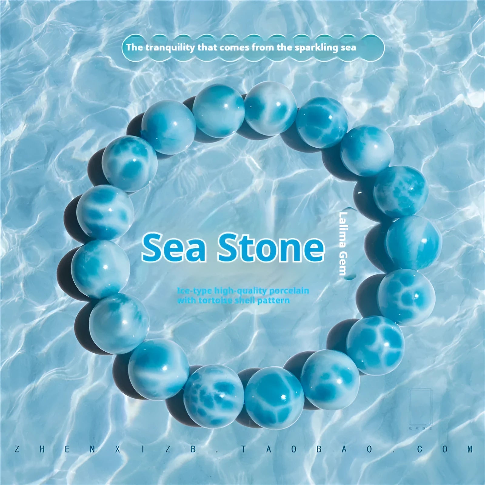 Blue handmade bodhi bracelet with natural sea-pattern crystal beads and pearl details on a wrist.