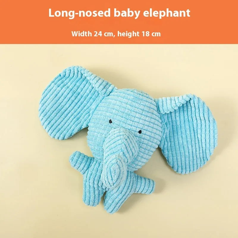 Selection of plush pet toys including donkey, rechargeable duck, elephant and dog styles