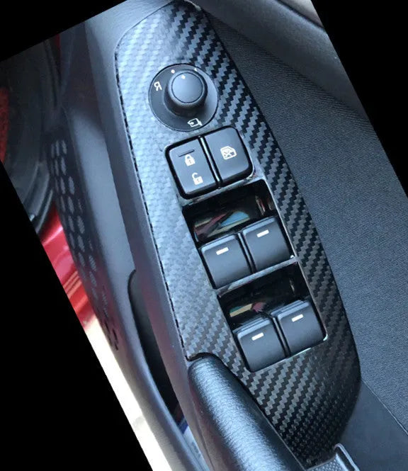 Set of four TPU transparent protective films for car door control panels on a 2014-2019 vehicle.