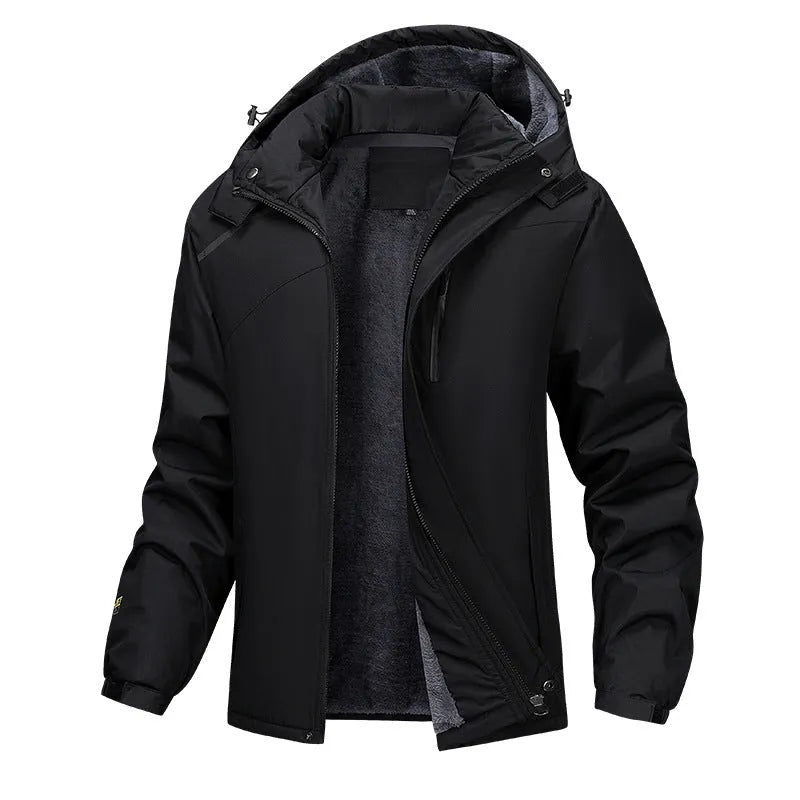 Men's plus size hooded waterproof coat in Army Green, shown on a model.