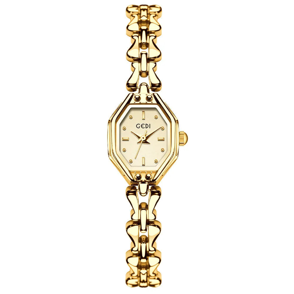 Luxury retro octagonal women's quartz watch with alloy strap and barrel-shaped dial, mineral glass mirror, steel gold white colour