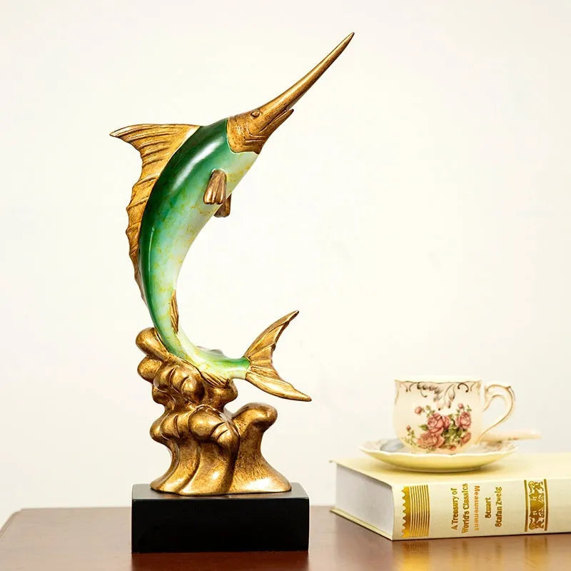 European-style resin swordfish decorative ornament on display in selected colour.