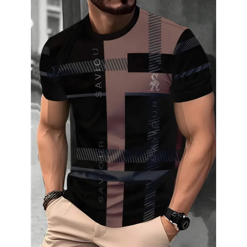 Men's loose fit short-sleeved T-shirt with digital 3D printed stripes pattern