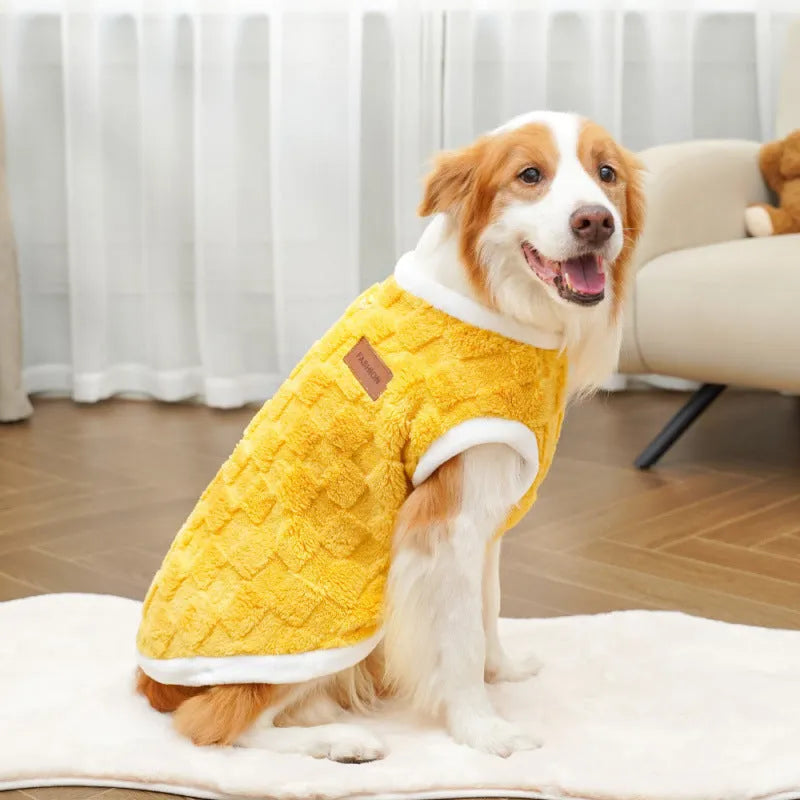 Pet autumn winter cotton clothes coral fleece jacket in brown square grid with leather tag, side view