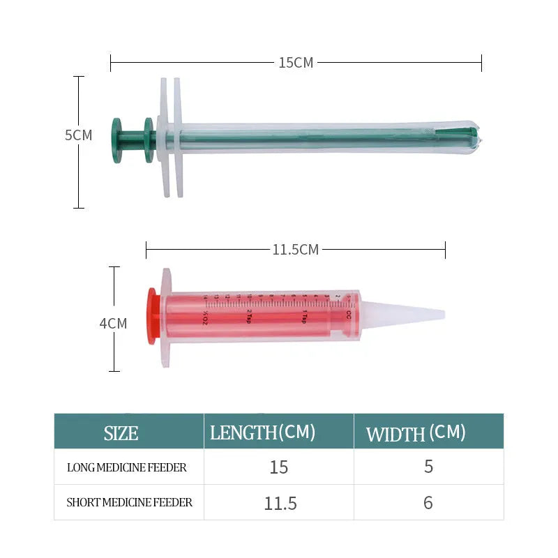 Two silica gel pet pill shooters for cats and dogs, showing soft tip and push rod.