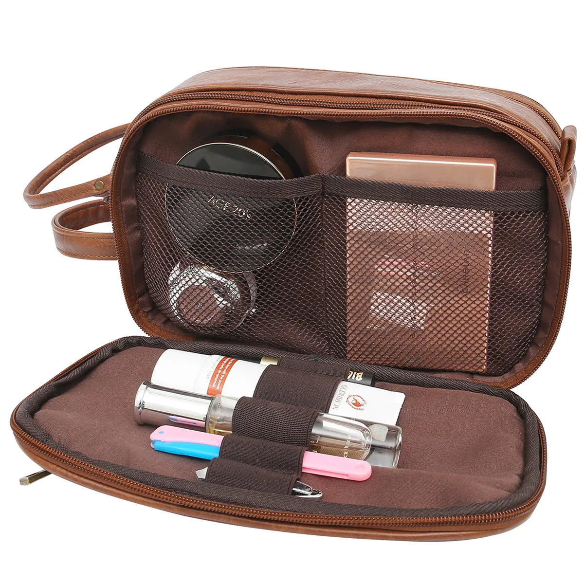 Men's black and brown water-resistant PU toiletry travel bag with zipper closure