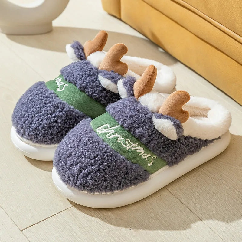 Christmas winter home slippers with suede upper and EVA sole in antler pink colour