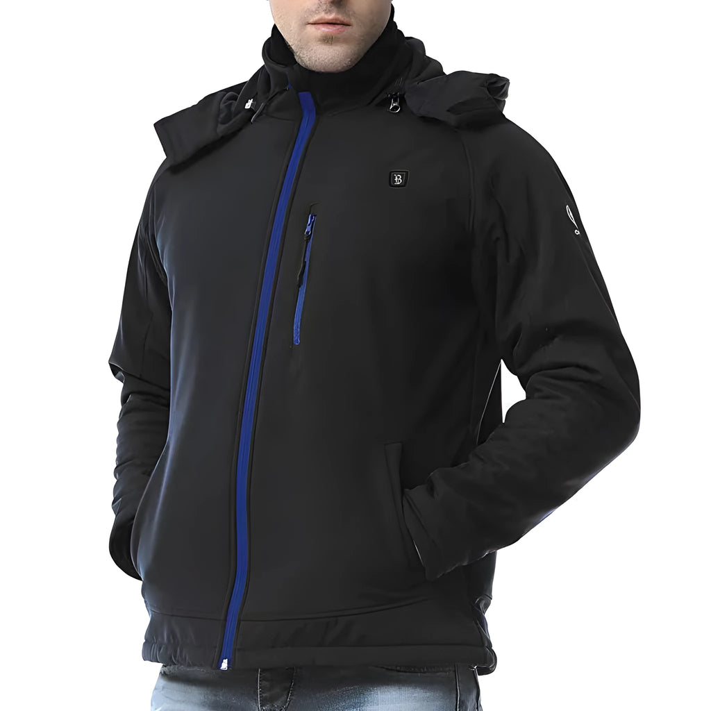 Black USB winter thermal coat for men with zipper pockets and straight hem design
