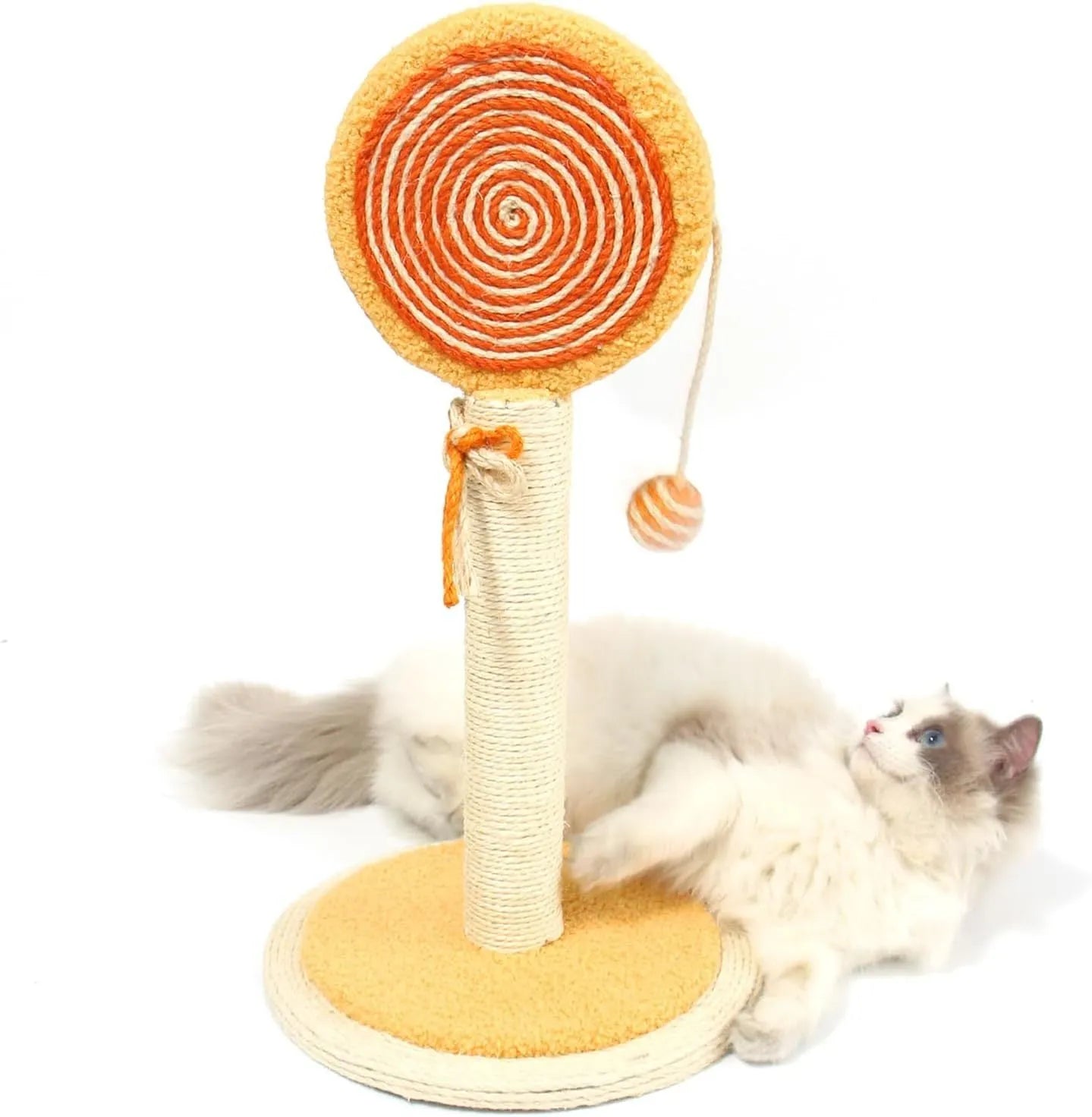 Blue sisal rope cat scratching post with hanging ball toy on a sturdy wooden base