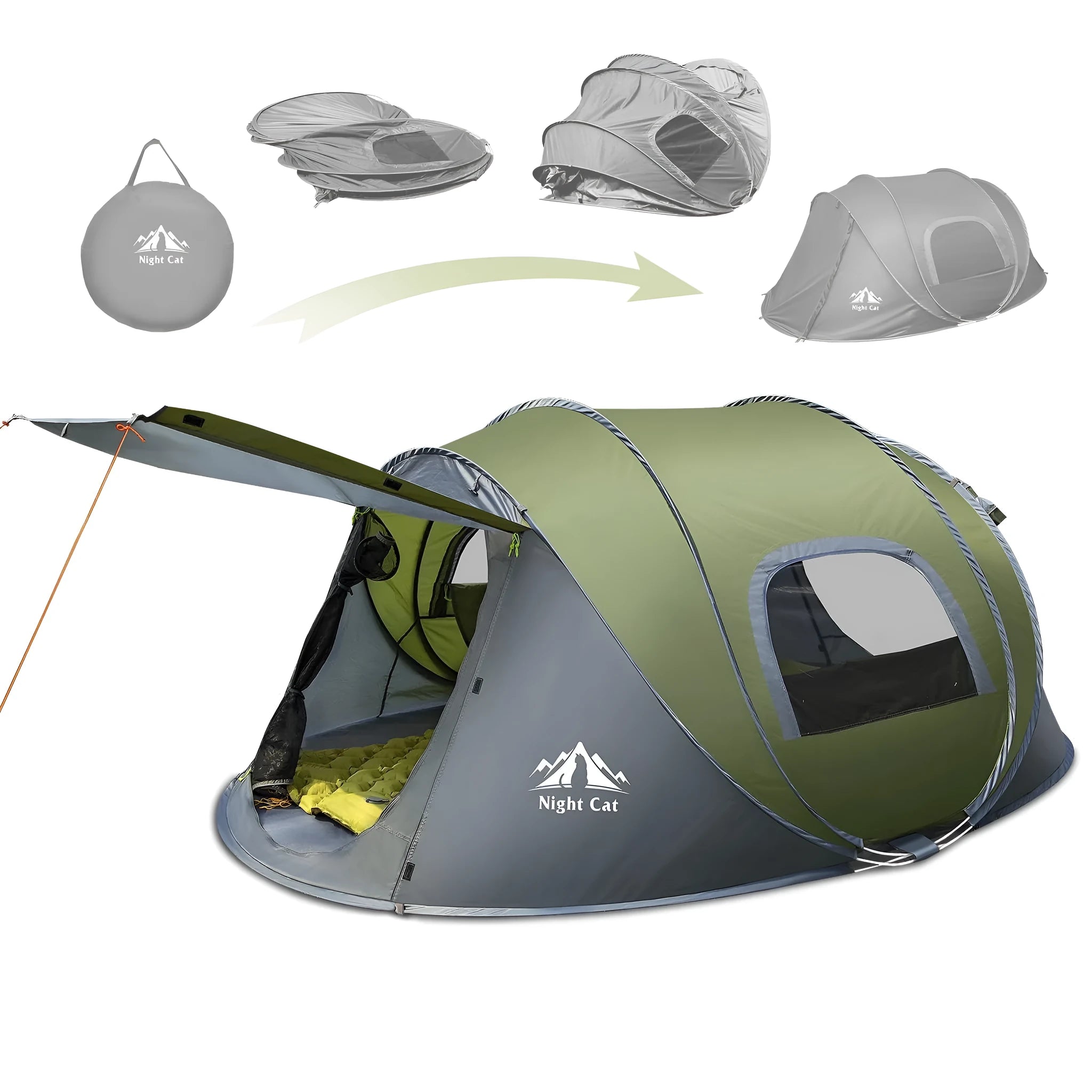 Dark green two-person automatic camping tent with rainfly, shown pitched outdoors.