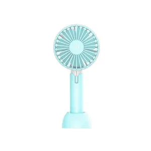 Blue handheld USB fan with three-speed control and oscillating head on desktop