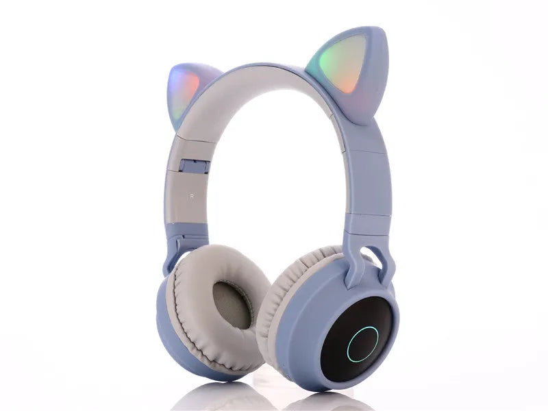 Pink cartoon cat ear wireless Bluetooth gaming headset showing head-mounted design with bilateral ear cups