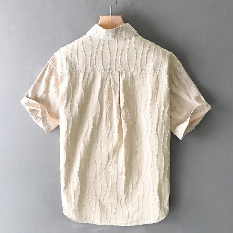 Men's pure cotton casual shirt with Japanese style, loose fit, and short sleeves in apricot colour