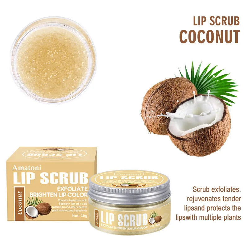 Amatoni Lip Scrub pot in Coconut, Raspberry, Vanilla, or Watermelon flavour, 30g net weight.