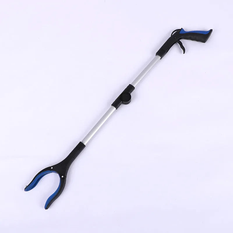 Silver folding aluminium garbage pick-up clamp with magnet and blue handle extended to 80cm.