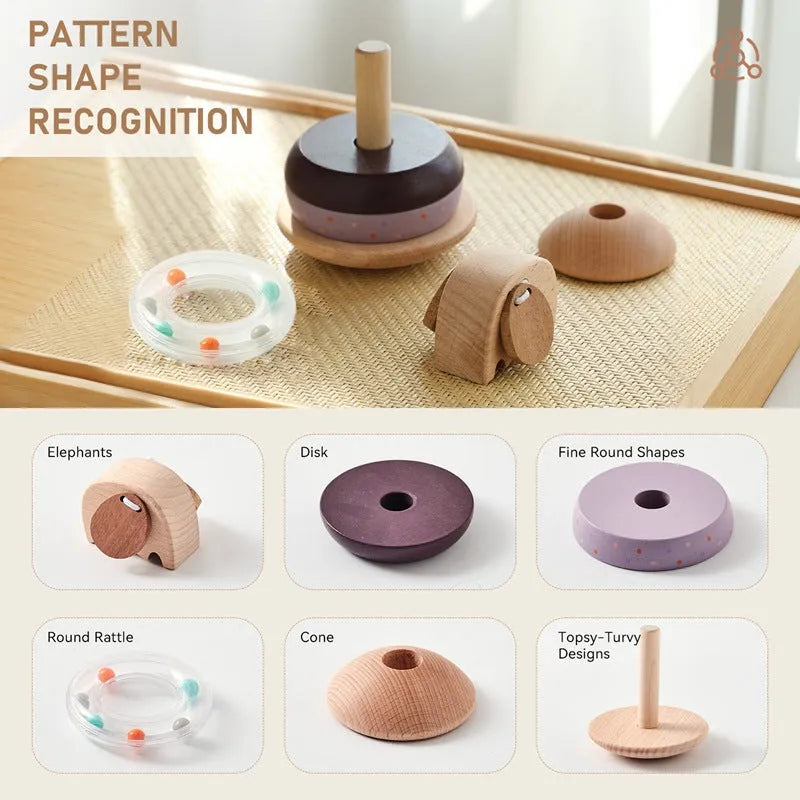Wooden baby stacking post set with colourful shapes on a central post, packed in a cowhide box