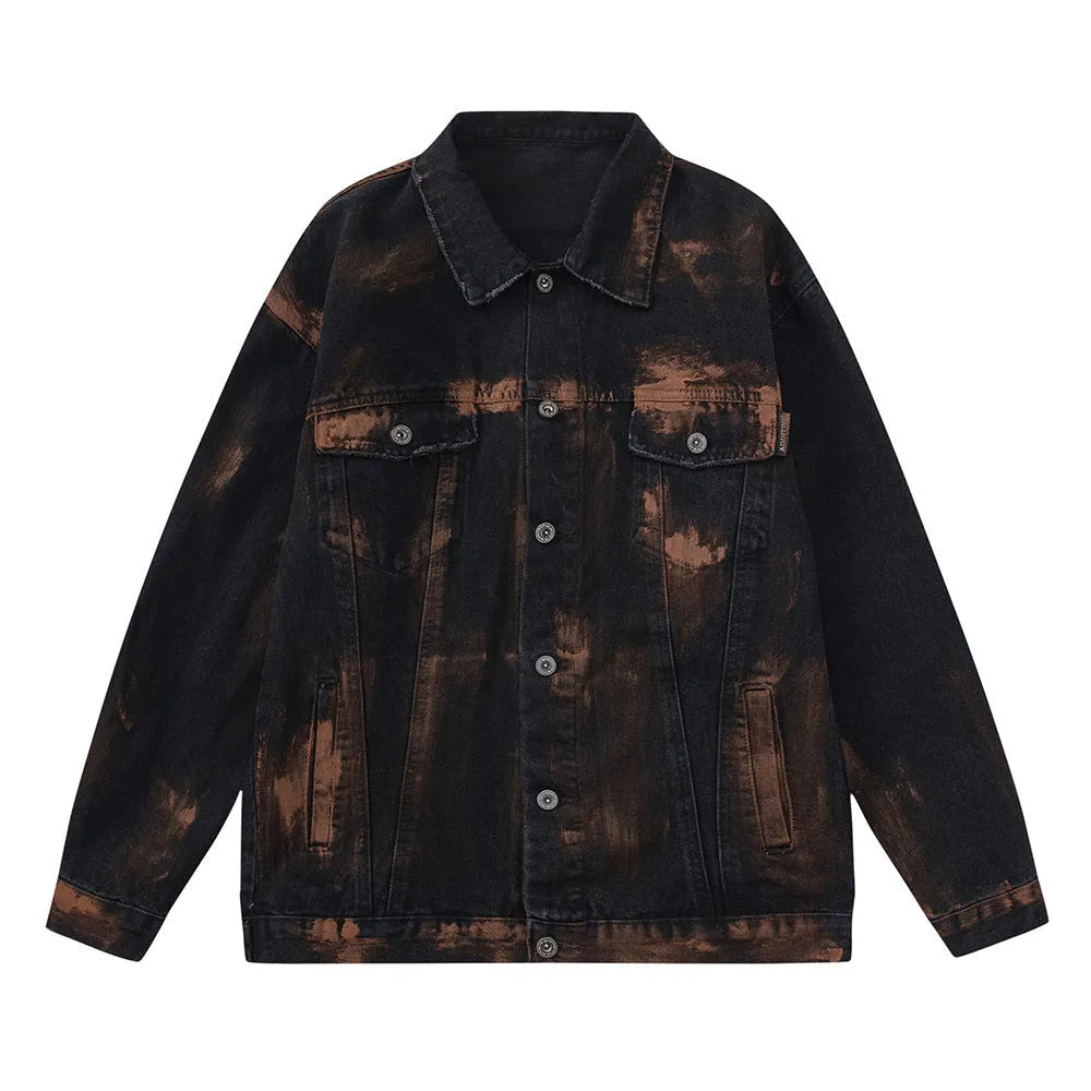 Black men's cotton denim jacket with fashion holes and street style design