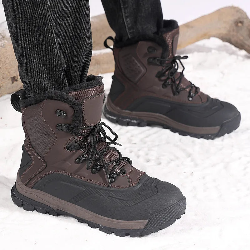 Men's black fleece-lined high-top boots with velvet interior and lace-up front closure