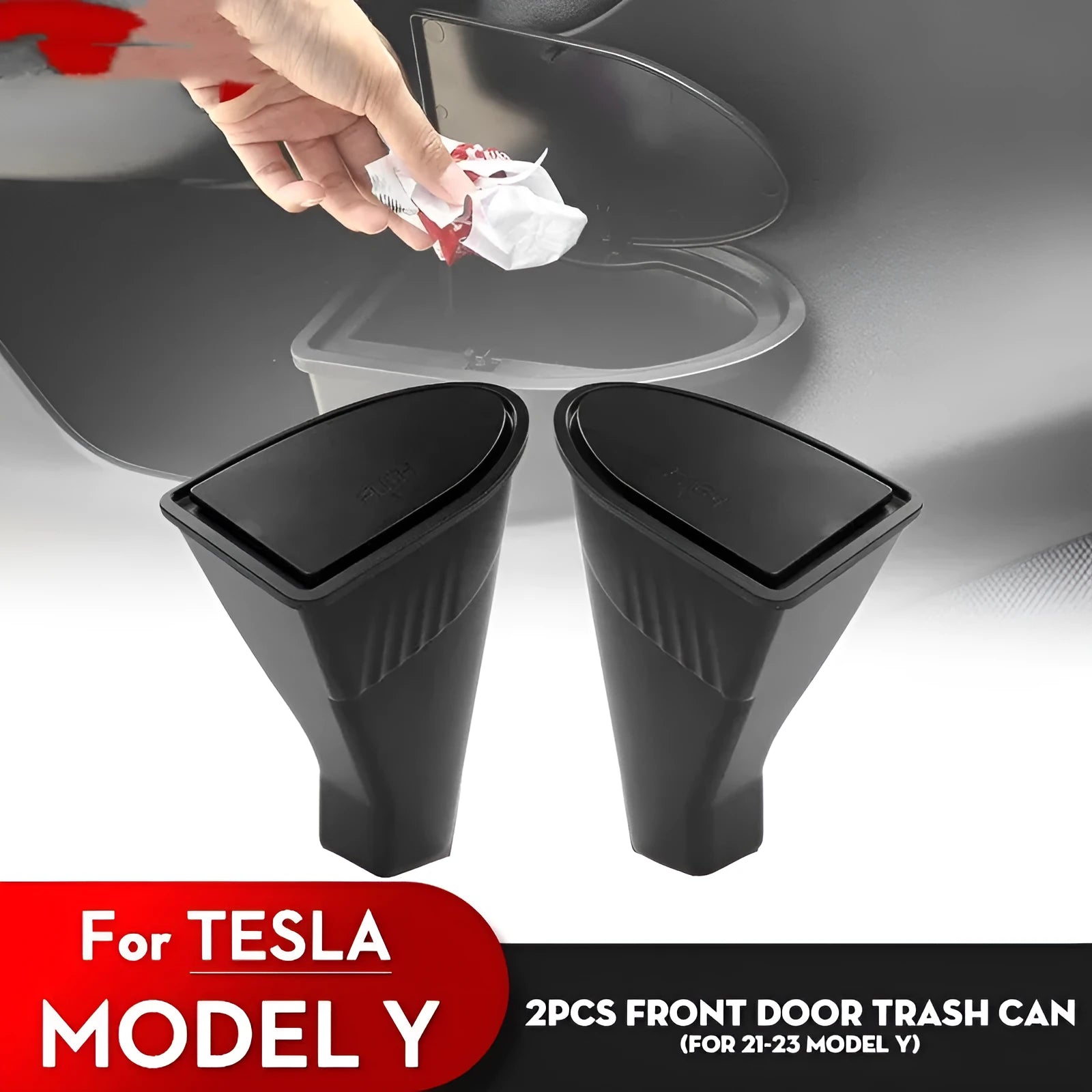 Black ABS plastic car door storage containers for Tesla Model Y front doors, 2-pack