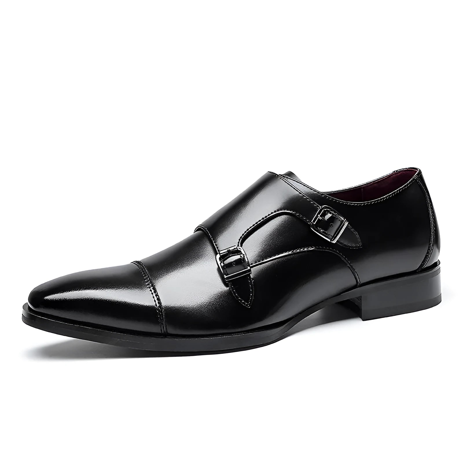 Men's black and light brown leather shoes with square toe and rubber sole in British gentleman style