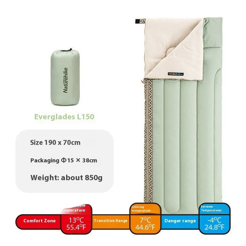 Four seasons camping sleeping bag in one of three colours with its storage bag, shown laid out.