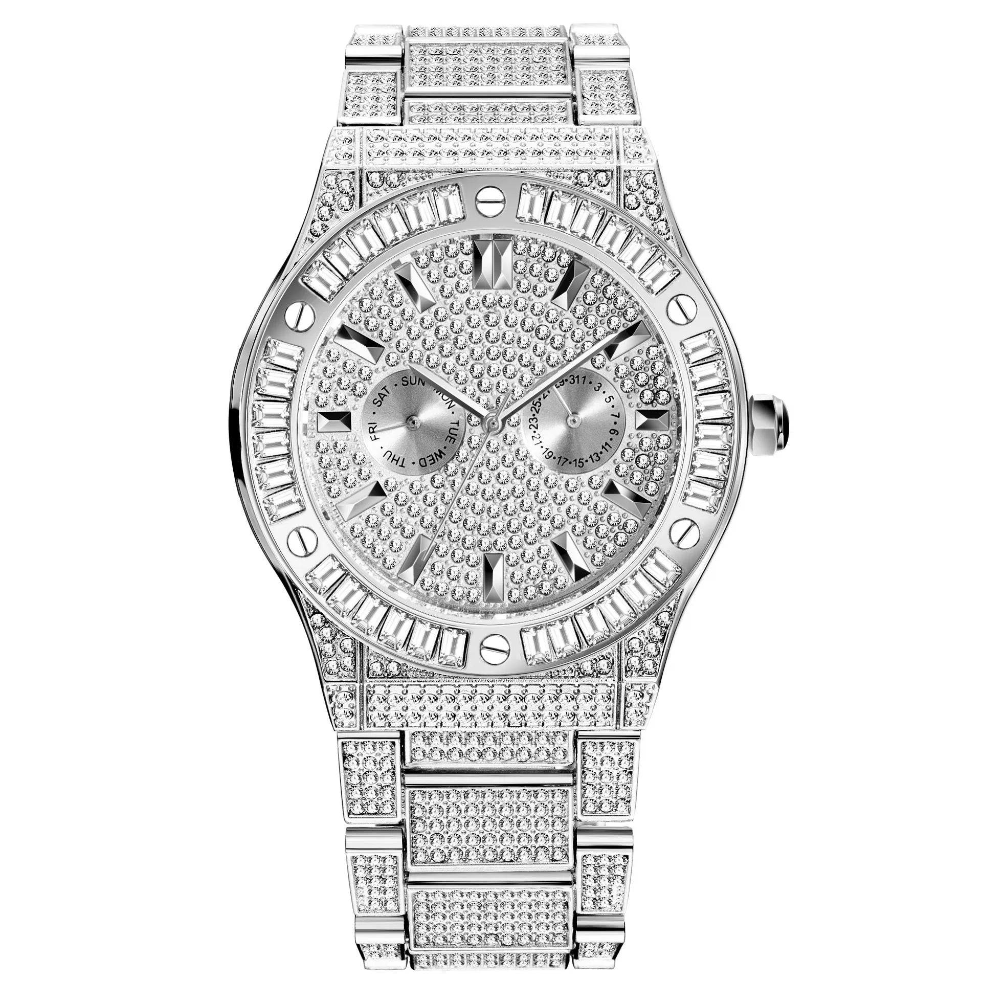 Men's hip hop style quartz watch with large 43mm diamond dial, gold plated strap, and butterfly buckle on a white background