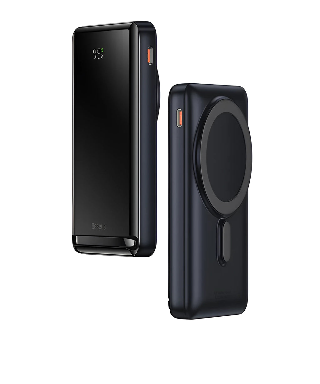 Slim blue 3-in-1 magnetic wireless power bank with charging cable
