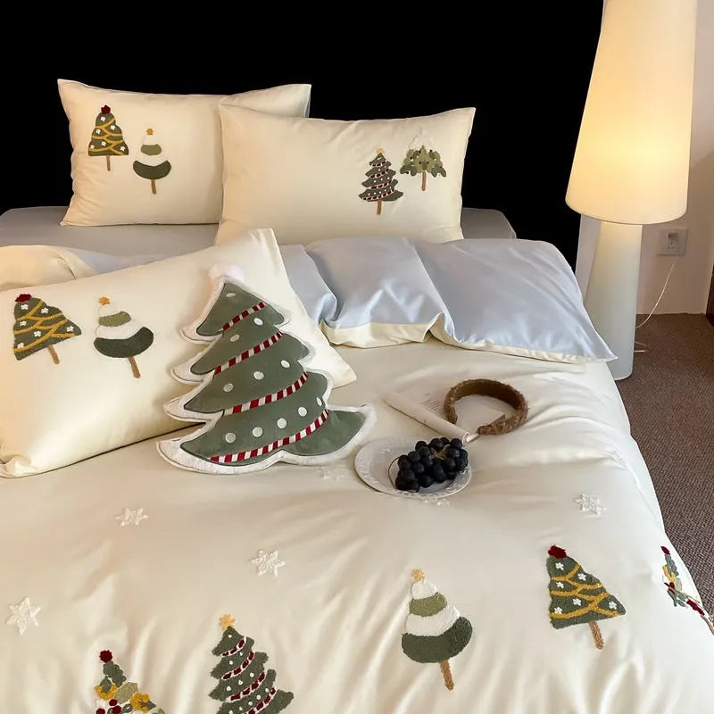 Pure cotton bedding set with embroidered Christmas tree design in plants pattern