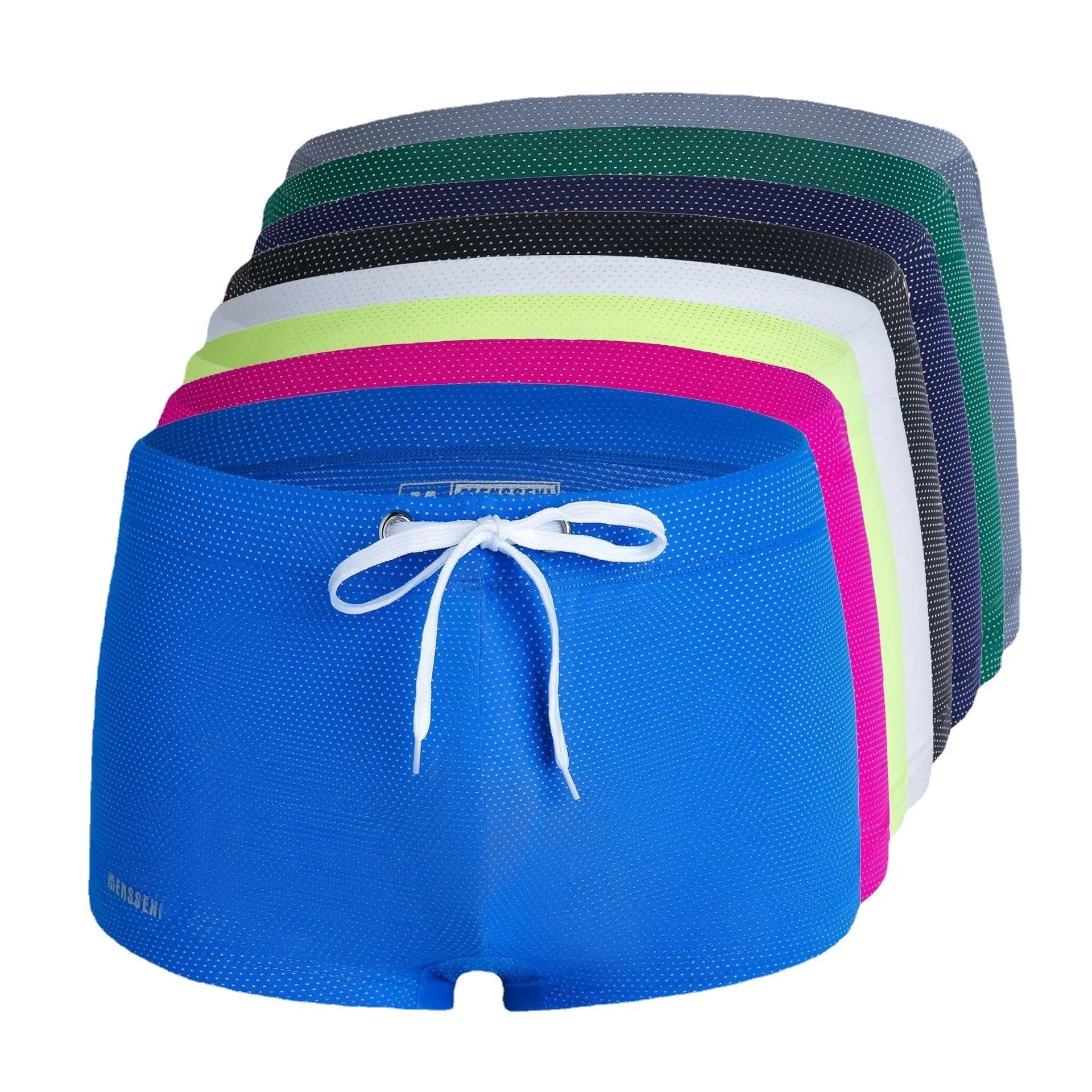 Men's low waist nylon swimming trunks in a solid colour on a white background.