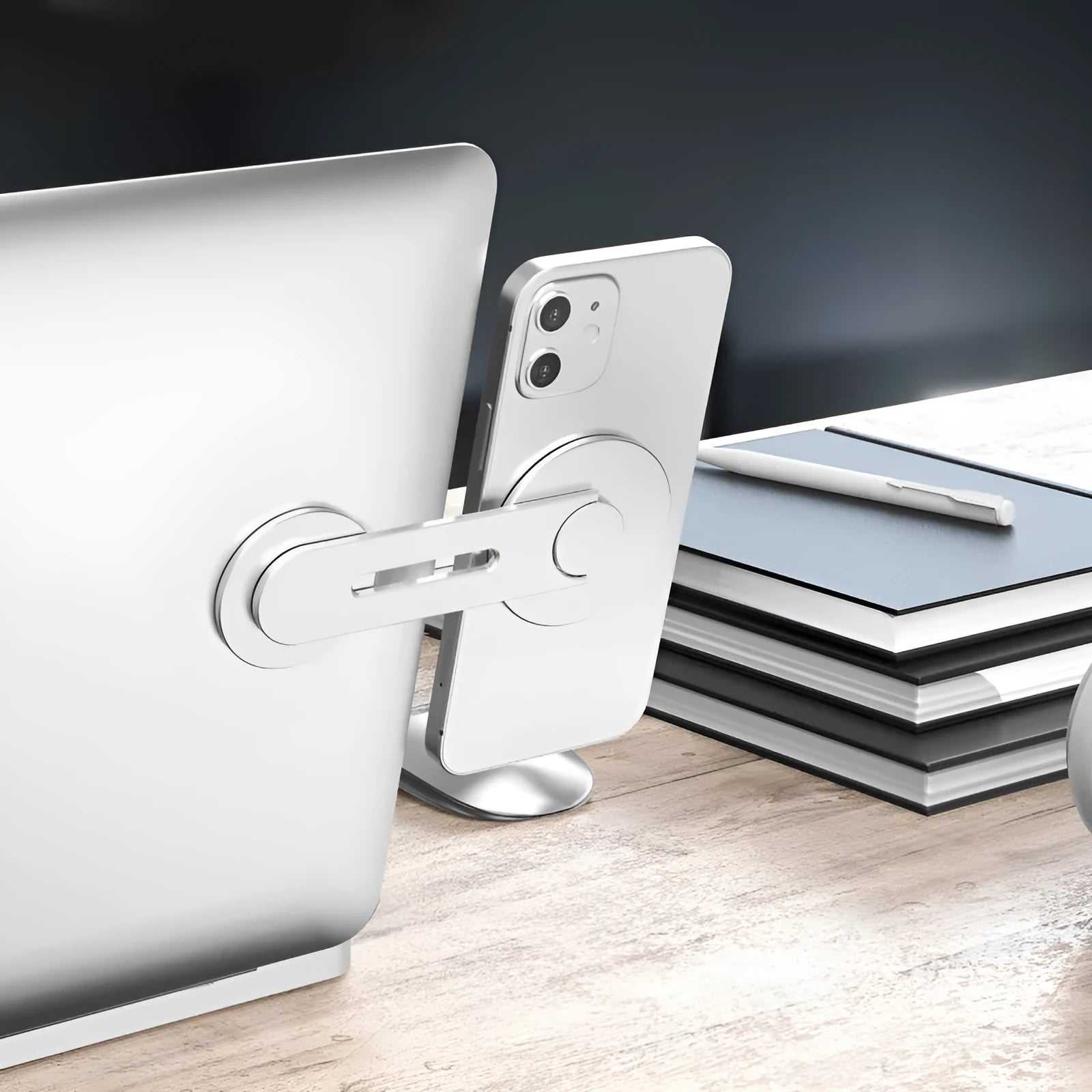 Silver aluminium alloy magnetic phone holder for Tesla vehicles with 180-degree flip mechanism
