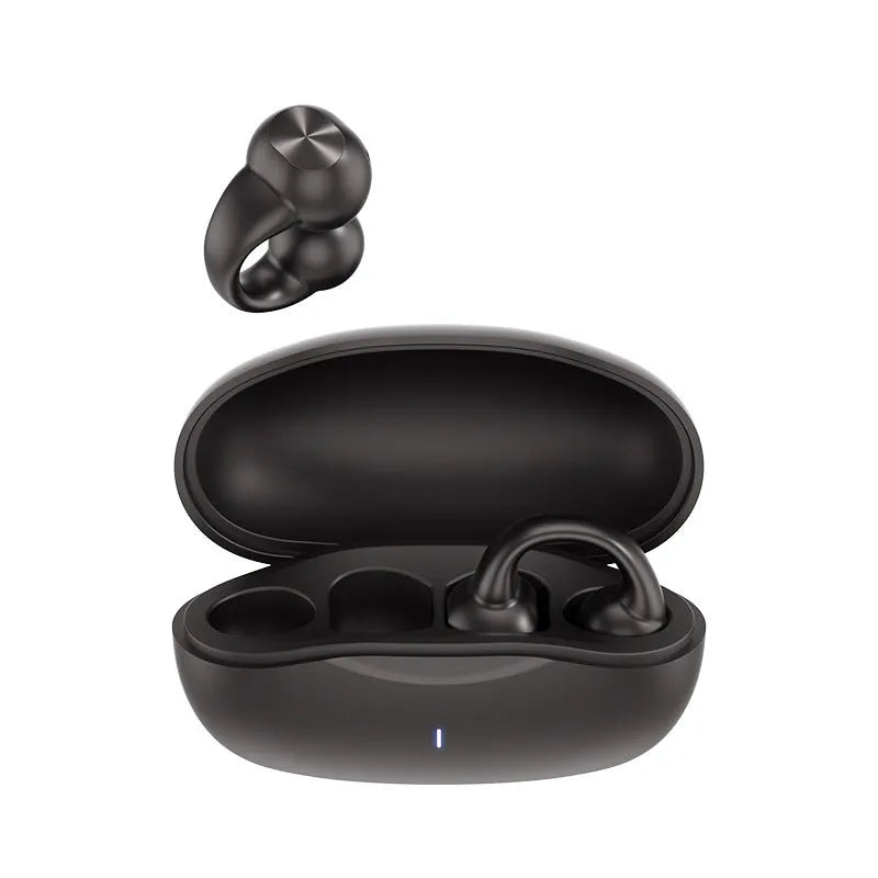 Clip-on sports wireless Bluetooth headset with digital display, black colour, worn on ear