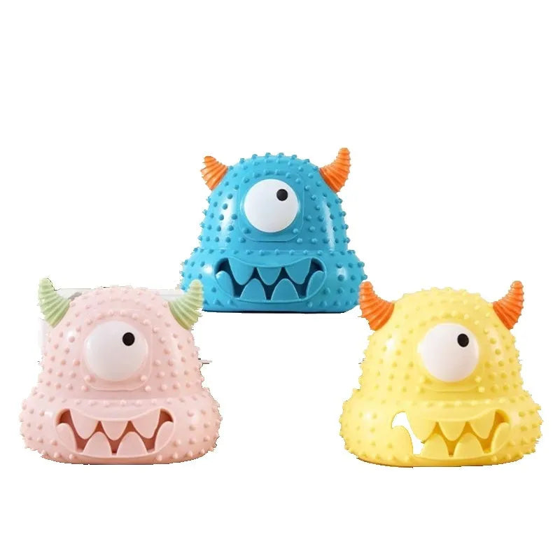 Little monster vocal dog toy in blue with exaggerated eyes, horns, and teeth; made of bite-resistant silicone.