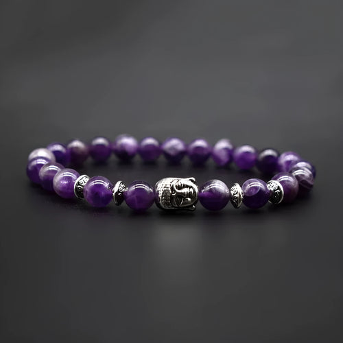 Handmade unisex bracelet with a 19mm Buddha head bead in amethyst, black agate, pink crystal, green gold, or tiger eye stone.