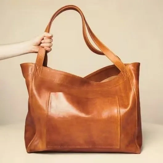 Large capacity oil wax PU tote bag for women in retro style, 40x13x32cm, brown colour