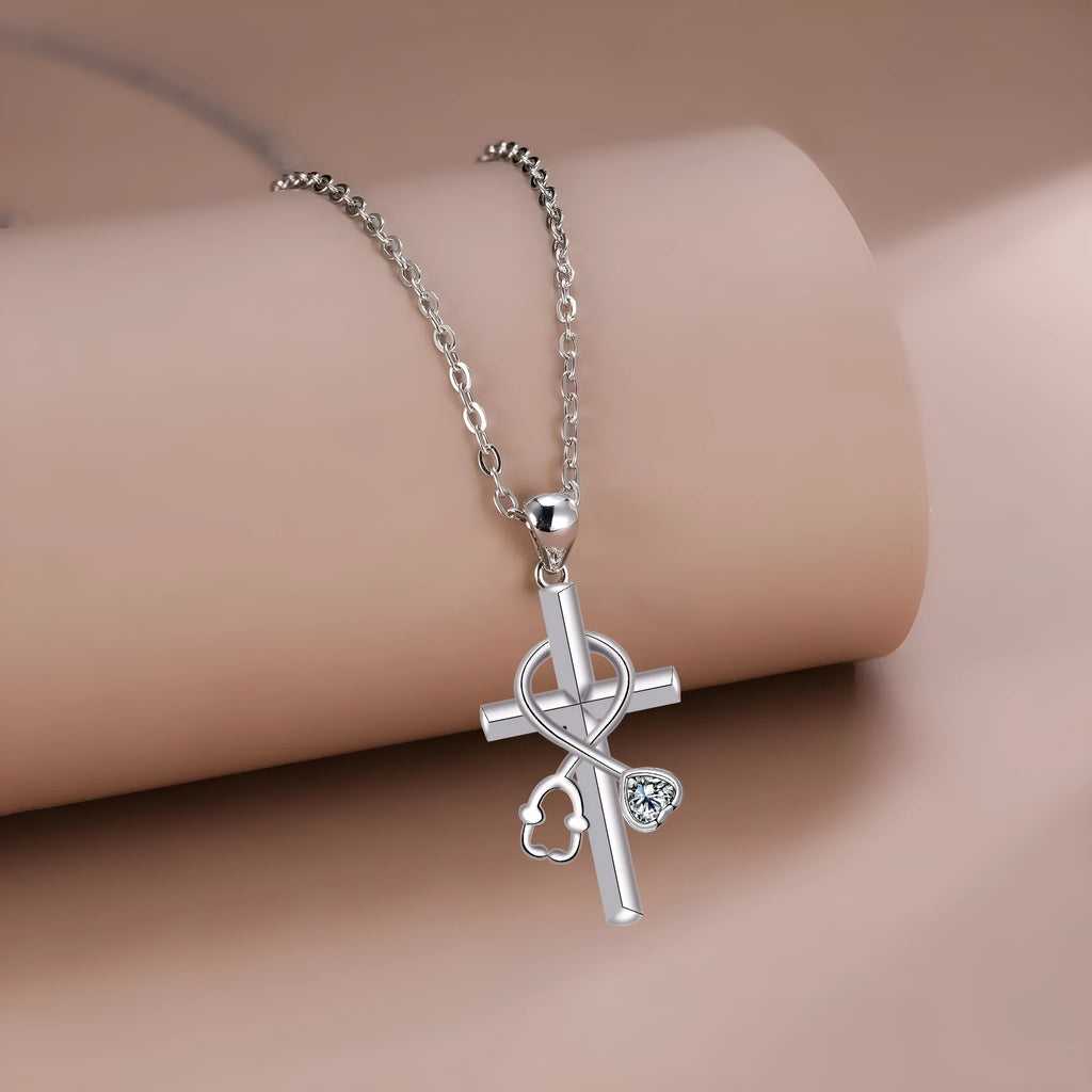 Women's stethoscope-shaped necklace with electroplated copper pendant and cross chain