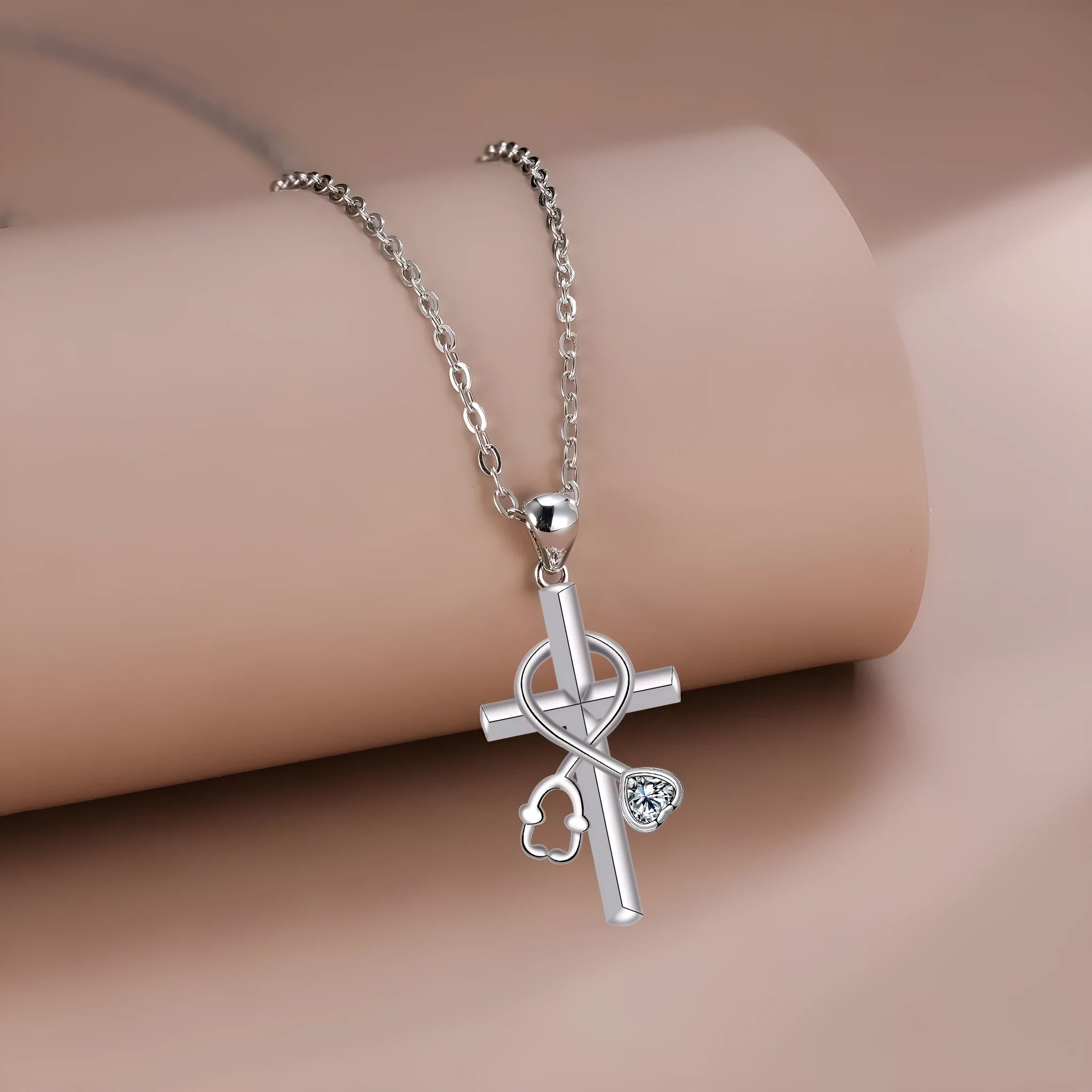 Women's stethoscope-shaped necklace with electroplated copper pendant and cross chain