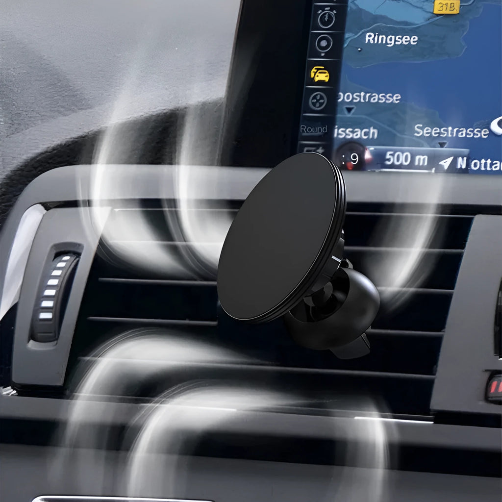 Black aluminium alloy magnetic suction car air outlet phone holder mounted on vehicle dashboard vent