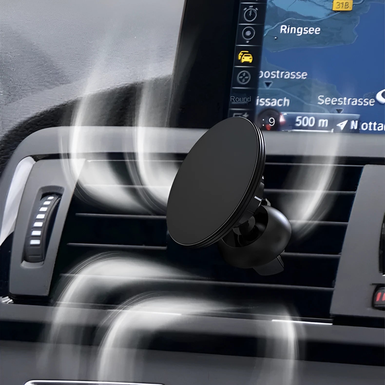 Black aluminium alloy magnetic suction car air outlet phone holder mounted on vehicle dashboard vent
