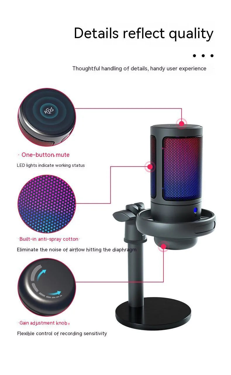 RGB condenser USB microphone for computer recording and live streaming in black colour