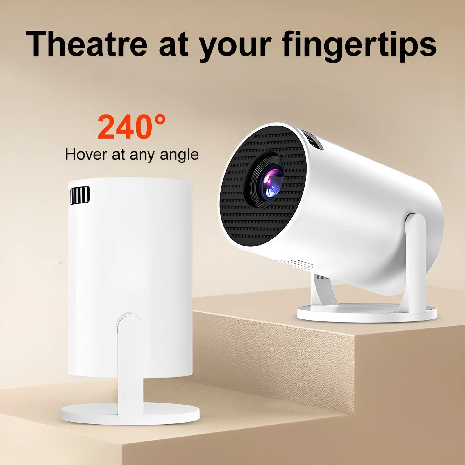 White mini wireless portable HD projector for home use with same-screen feature.