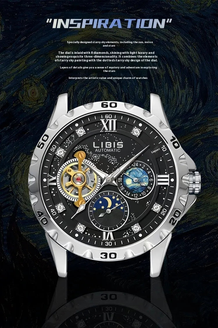 Men's silver case automatic mechanical watch with black starry dial, luminous hands, and leather strap