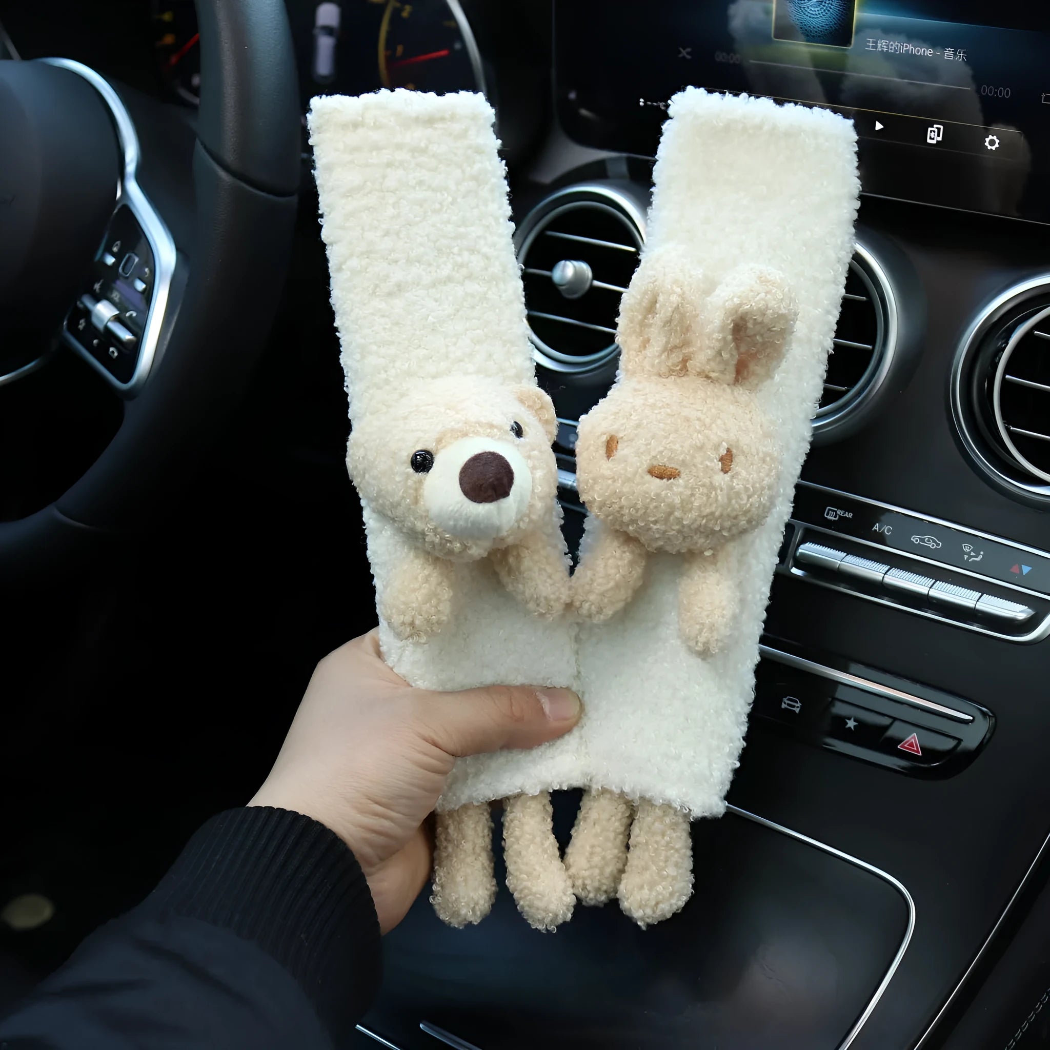 Cartoon plush car seatbelt shoulder protector in rabbit and bear designs made from lamb wool