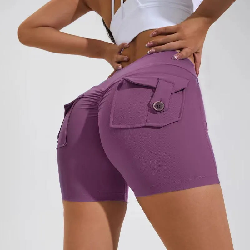 Women's high waist hip lifting shorts with side pockets in quick-dry nylon fabric