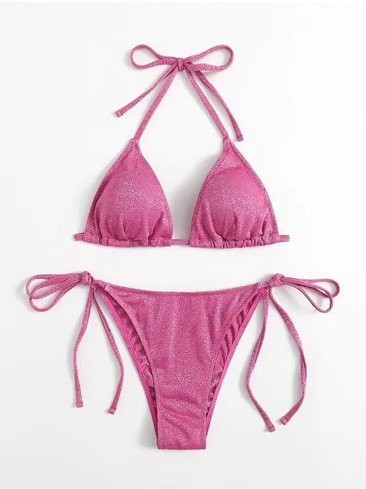 Women's bandage-style bikini swimsuit in black, shown as a two-piece set.