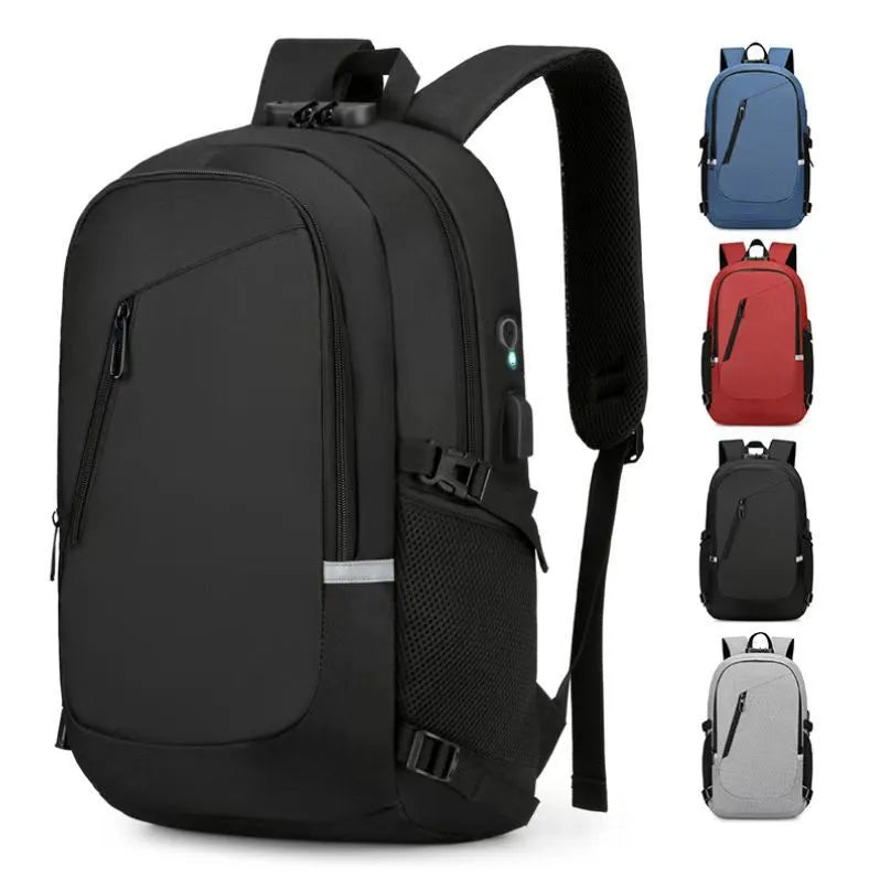Blue Oxford cloth computer backpack for travel with laptop compartment.