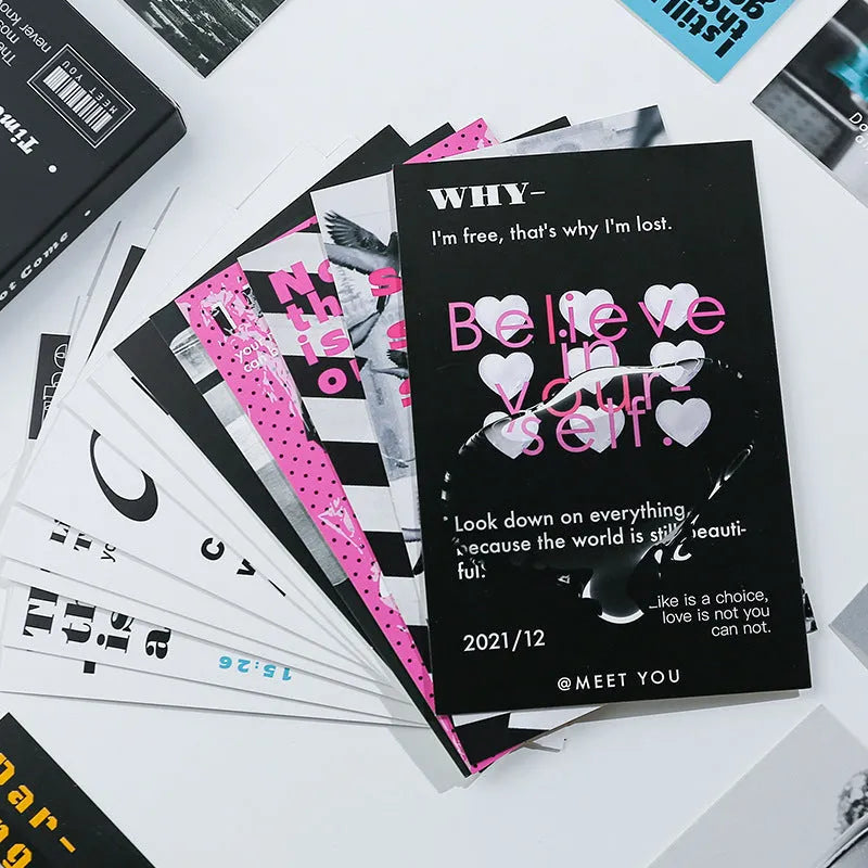 Fresh printed postcard set showing two different designs - Time Not Arrived and Warm Wind Not Exhausted greeting cards